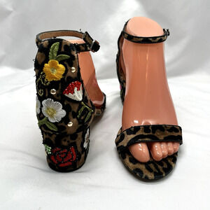 Steve Madden Inca Embroidered Heel Sz 6M Leopard Print Floral Slingback Open Toe